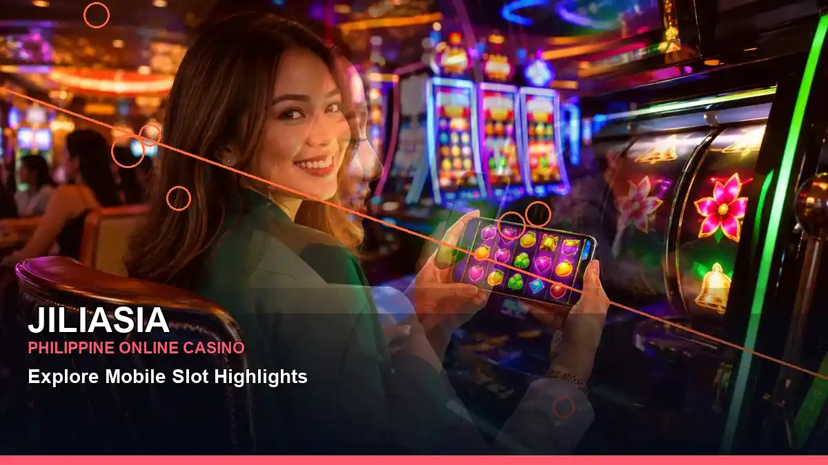JILIASIA reel-based casino games with bonus features shown alongside an adult casino presenter in a layered visual composition, second view