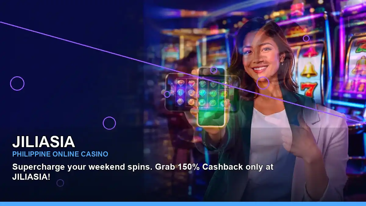 JILIASIA Philippines casino guide featuring fantasy online slots and an adult casino presenter in a framed visual layout